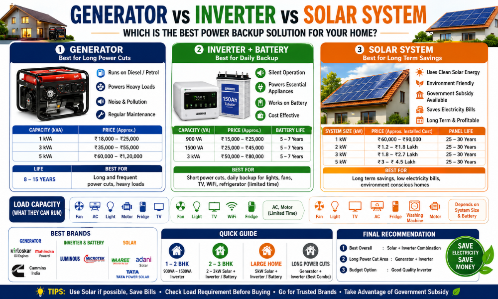 Generator vs Inverter vs Solar System: Which is the Best Power Backup Solution for Your Home?