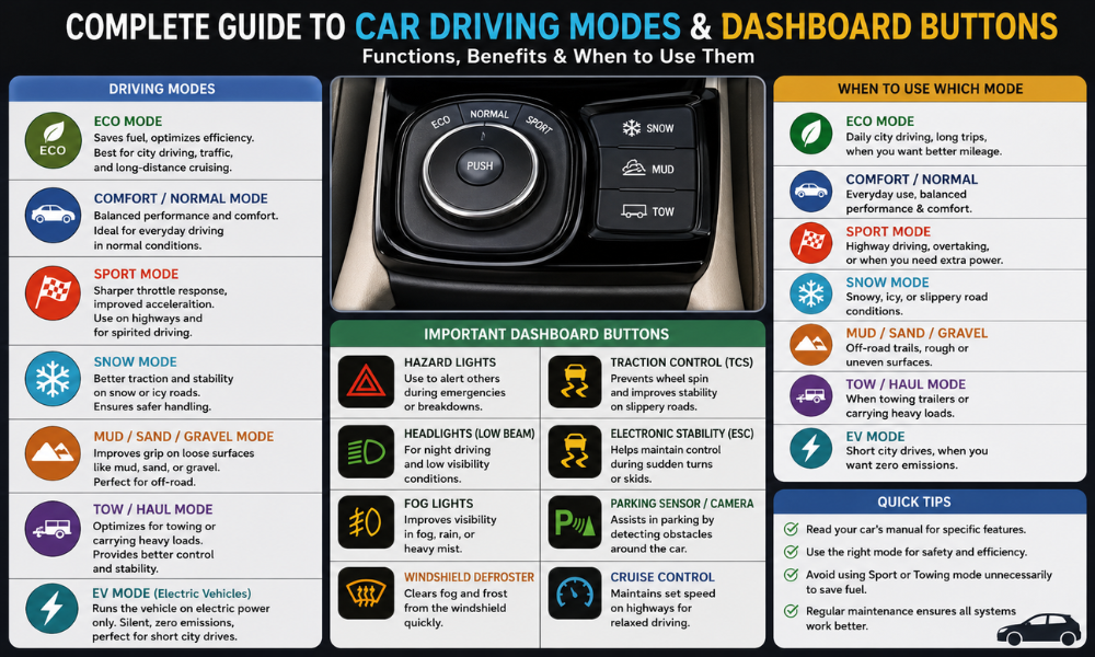 Complete Guide to Car Driving Modes & Dashboard Buttons Functions, Benefits & When to Use Them