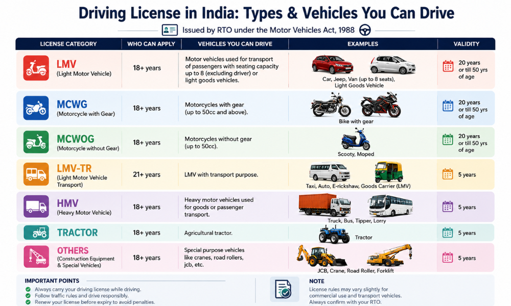 What Are the Different Types of Driving Licenses in India & Which Vehicles Can You Legally Drive with Each Category?