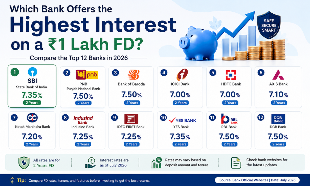 Which Bank Offers the Highest Interest on a ₹1 Lakh FD Compare the Top 12 Banks in 2026